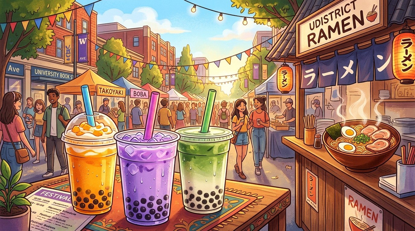 Colorful boba drinks and ramen at a sunny Seattle U District street festival
