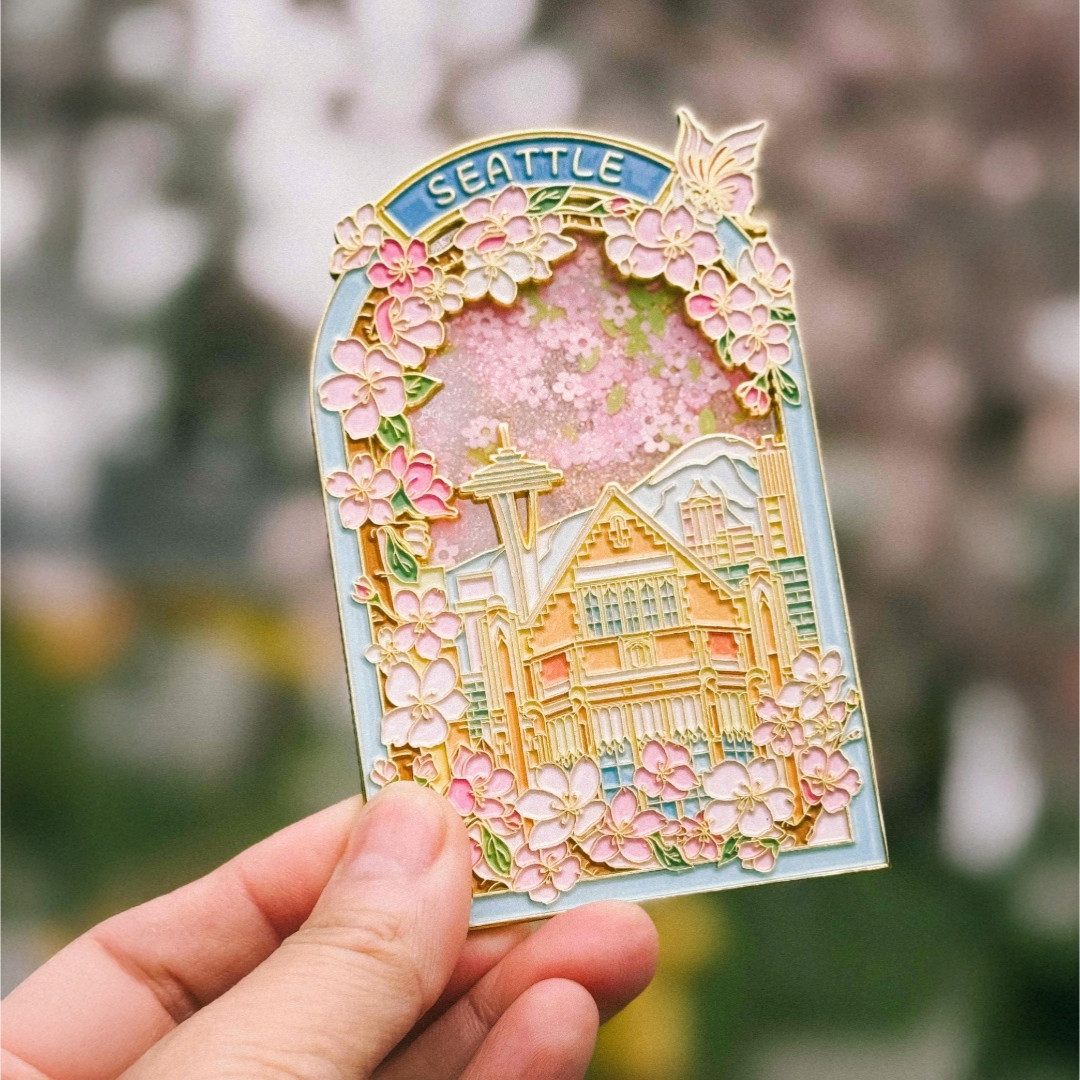 Seattle Cherry Blossom Magnet by LILI DESIGN STUDIO — Space Needle with pink cherry blossoms and gold detailing