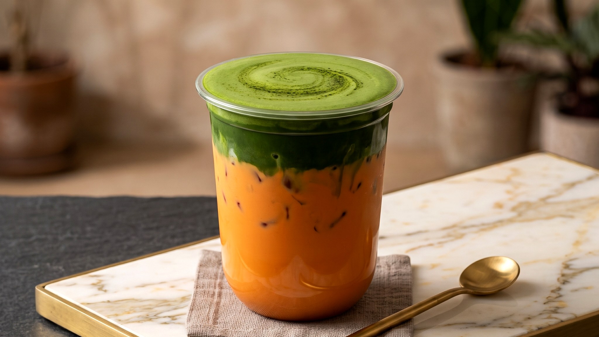 Cruel Summer boba drink with layered Thai tea and matcha swirl in a clear cup on a marble counter