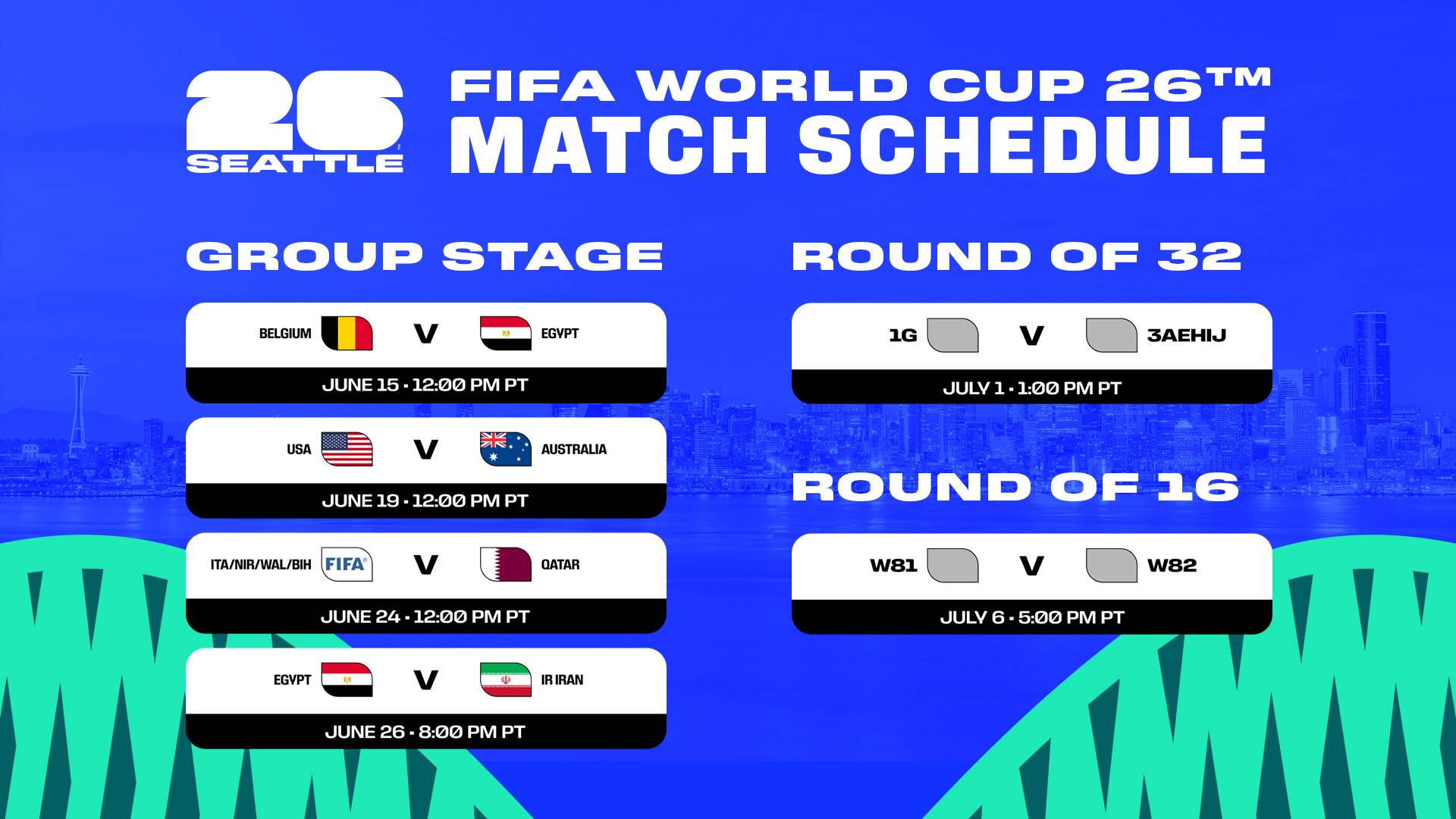 FIFA World Cup 26 Seattle official match schedule graphic