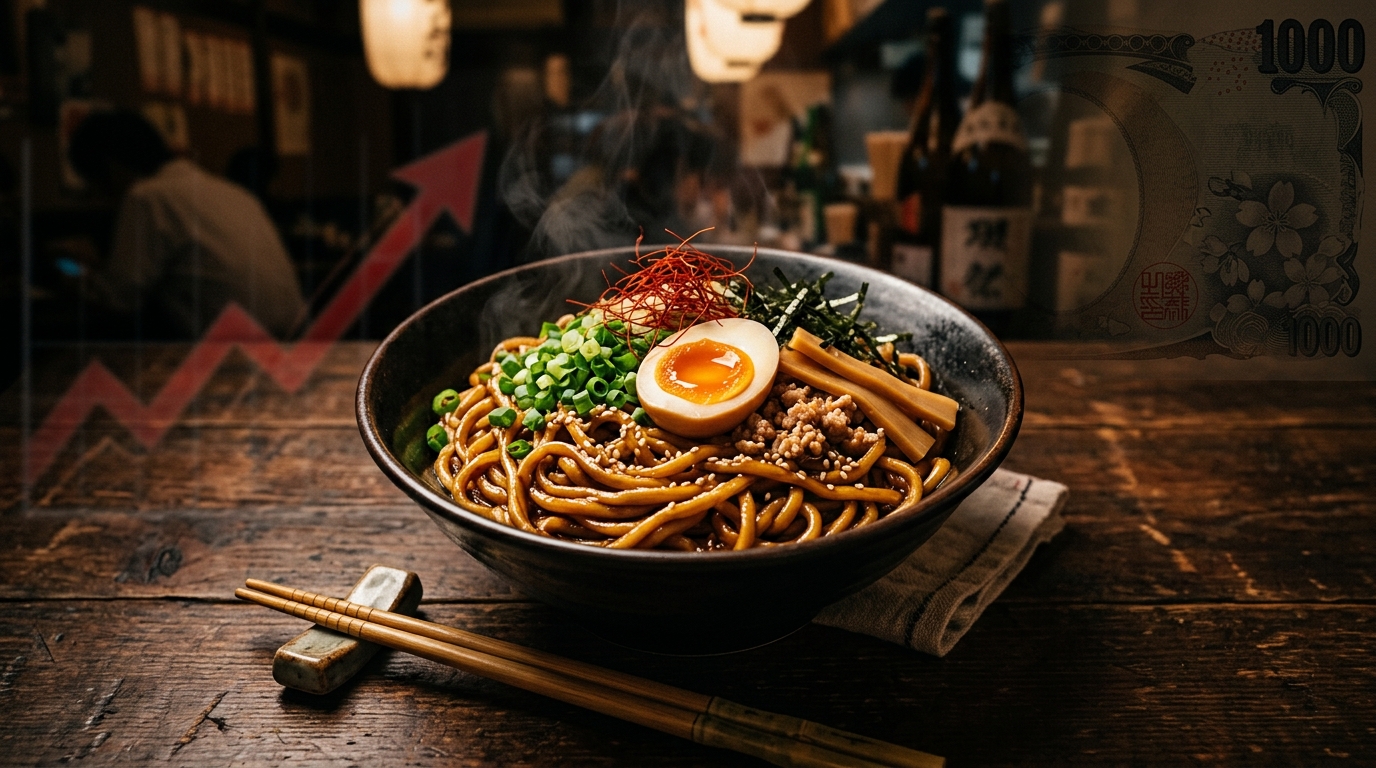 Bowl of aburasoba noodles with a small chart overlay suggesting rising food costs