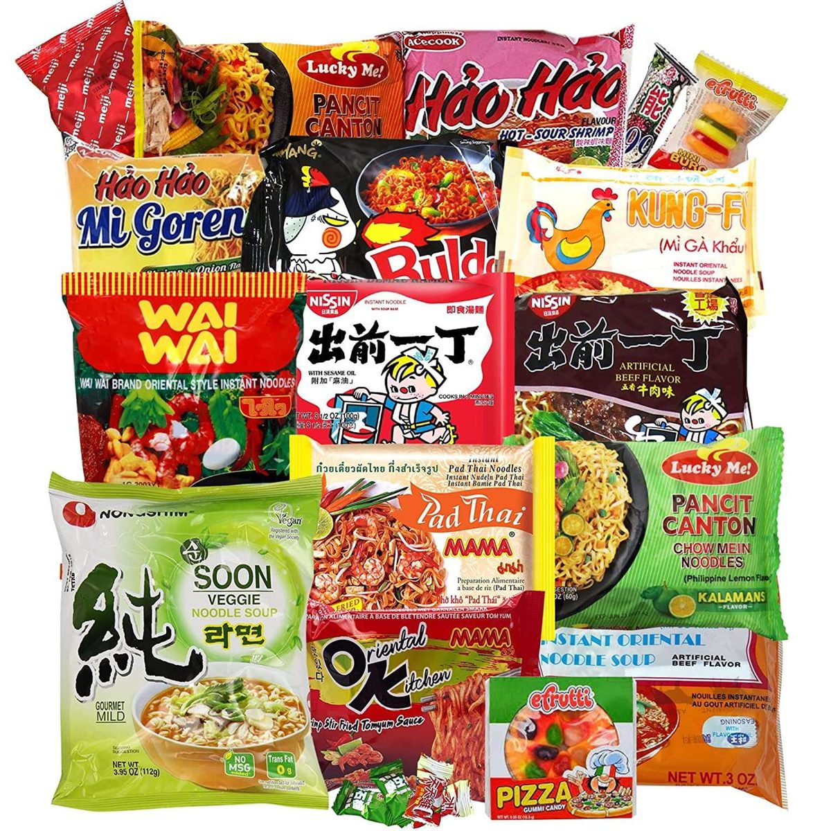 Instant ramen variety pack with international noodle brands laid out for a Reddit-style tier list ranking